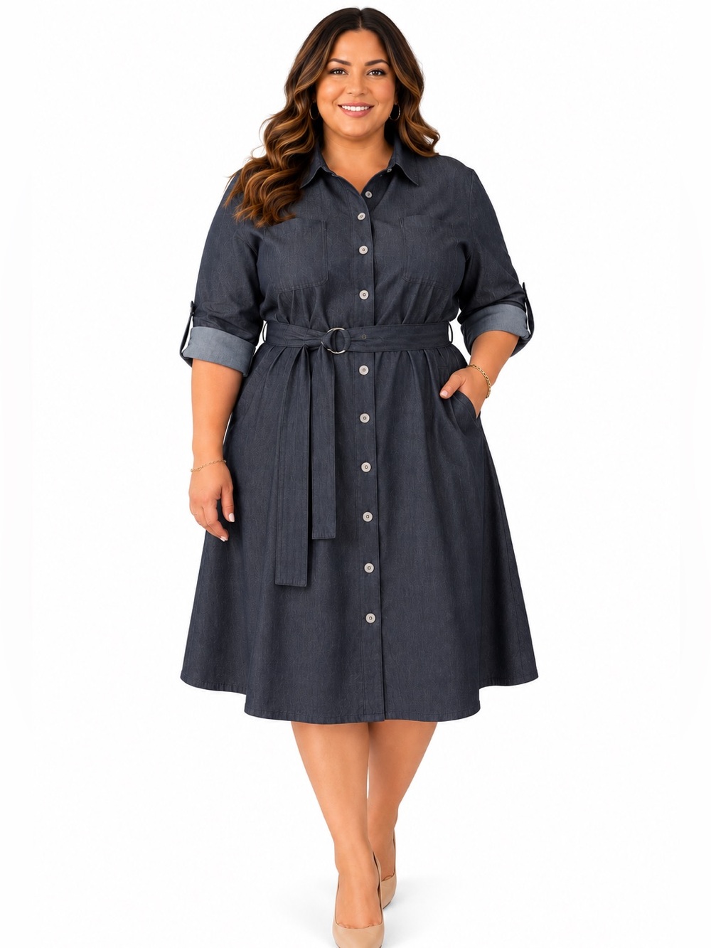 𝙅𝙚𝙨𝙨𝙞𝙘𝙖 𝙃𝙤𝙬𝙖𝙧𝙙 22W Dress Denim-Look Shirt Dress Belted Button Front